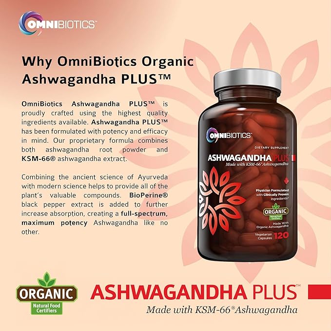 OmniBiotics Organic Ashwagandha Supplement – 1300mg Total Strength – 900mg Organic Root Powder &amp 400mg KSM-66 Extract – Stress Relief Mood &amp Sleep Support – Non-GMO – 120 Vegan Capsules