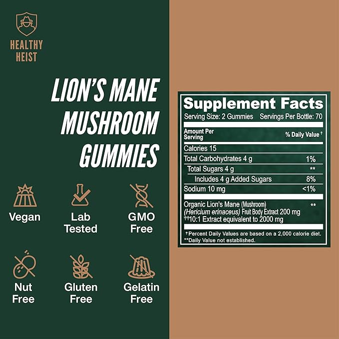 Lions Mane Mushroom Gummies for Adults 280 Count Bulk Lion's Mane Chewables High Potency 10:1 Organic Extract amounts to 2000mg Supplement Supports Mental Clarity Focus Mood and Brain Fog 2 Pack