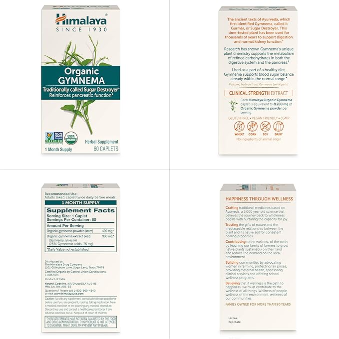 Himalaya Organic Gymnema Sylvestre – Herbal Glucose Metabolism Support - USDA Organic Non-GMO Vegan Gluten Free Additive Free 700 mg 30 Caplets (Pack of 2)