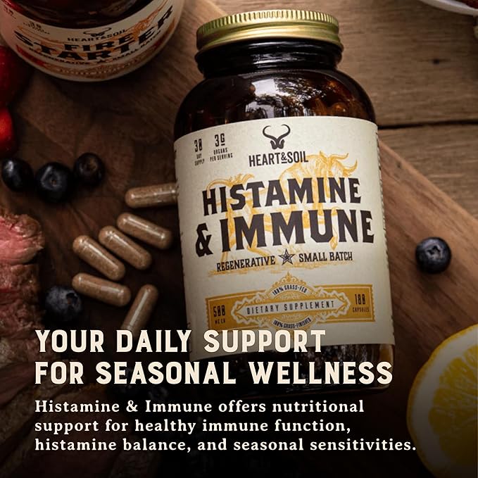 HEART &amp SOIL – 100% Grass Fed &amp Finished Histamine &amp Immune Support Supplement from Regenerative Cattle with Thymus Lung Spleen Liver &amp Kidney – Immune Defense – Glass Bottle – 180