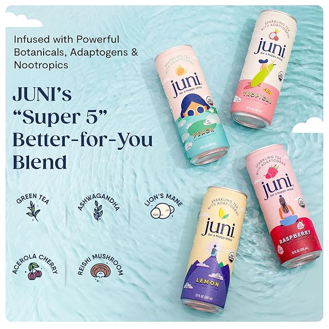Juni Sparkling Adaptogen Drink with Ashwagandha Lion’s Mane &amp Reishi Mushrooms | Green Tea for Focus Zero Sugar 5 Calories Organic | Non Alcoholic Drinks - Raspberry 12 pack