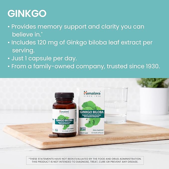 Himalaya Ginkgo Biloba 60 Day Supply - Herbal Brain Supplements for Memory and Focus Support - Vegan Gluten Free 120 mg 60 Capsules