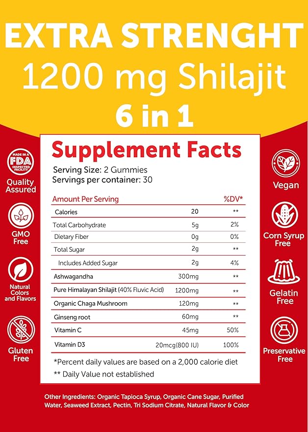 Lunakai USA Made 1200mg Pure Himalayan Shilajit Gummies for Men &amp Women with Ashwagandha &amp Chaga – Supplement for Daily Energy &amp Vitality Support 60ct