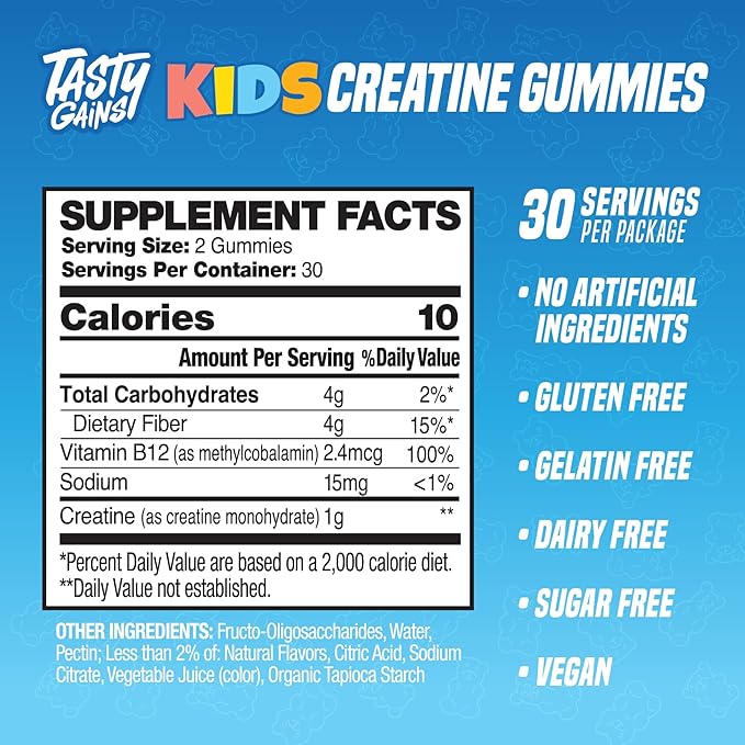 TASTY GAINS Kids Creatine Gummies with Vitamin B12 for Growth Support Kids Vitamin Gummies for Daily Nutrition Support Gummy Vitamins for Kids Easy Chew Supplement for Children