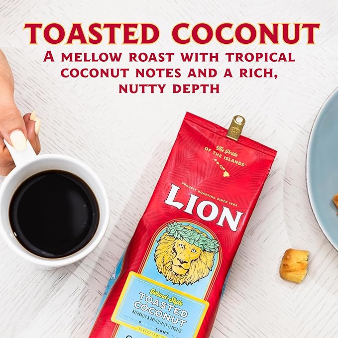 Lion Coffee Toasted Coconut Flavored Light Roast Whole Bean Coffee A Taste of Aloha - 24 Ounce Bag