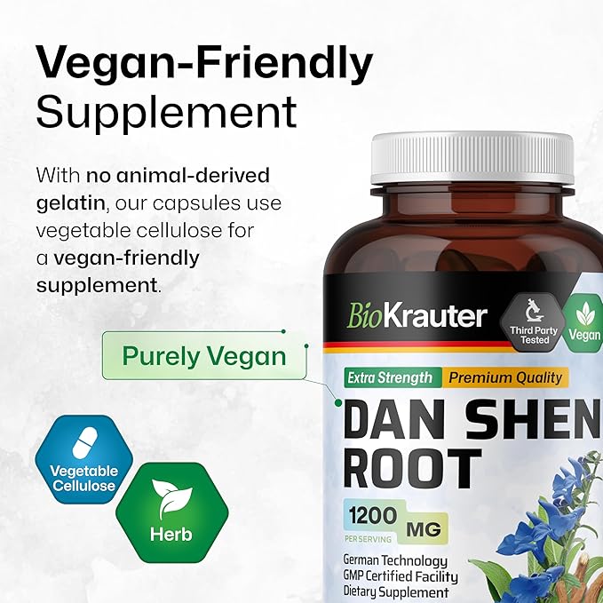 BIO KRAUTER® Dan Shen Red Sage for Circulatory Support - Pure Vegan Dan Shen Supplement (Salvia Miltiorrhiza) 1200 mg per Serving - Antioxidant Herbal Supplement 250 Сapsules 50-Day Supply Non-GMO