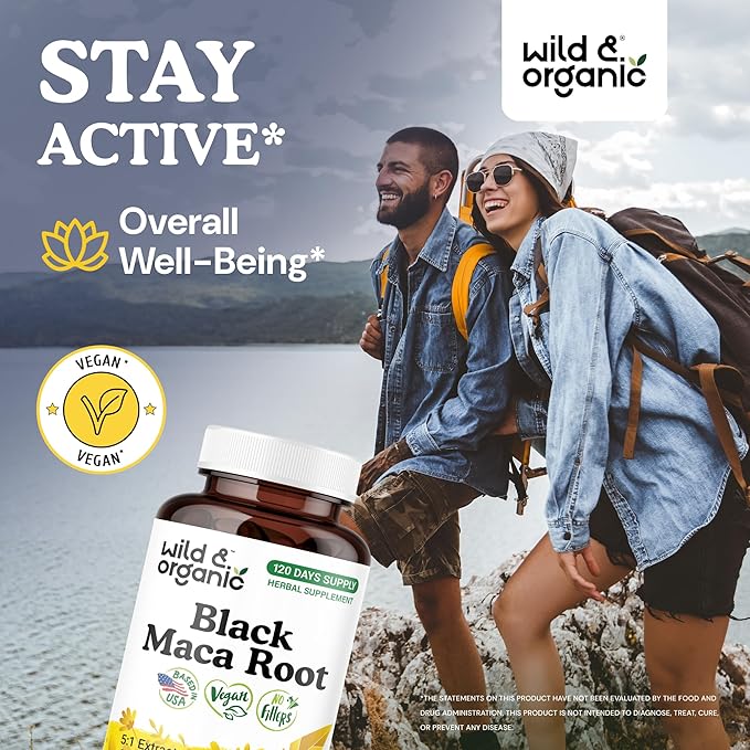 Wild &amp Organic Black Maca Root Capsules for Women &amp Men 500 mg - Overall Support - 120 Vegan Capsules with Maca Powder - Men &amp Women Supplement - 120 Days Supply Non-GMO No Fillers Glut