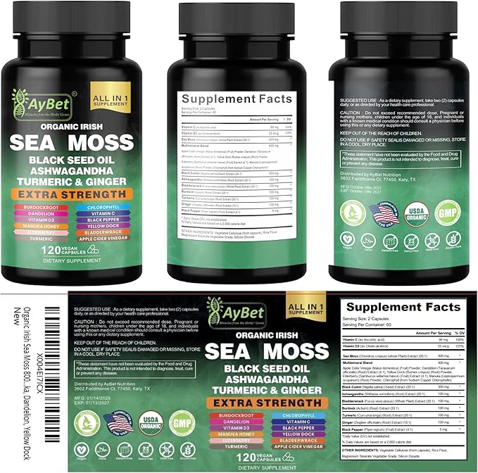 Organic Irish Sea Moss Capsules 120 Count –16 in 1 Sea Moss Supplement with Black Seed Oil Ashwagandha Turmeric &amp Ginger Bladderwrack &amp Burdock Root Vitamin D3 –Organic Vegan Halal Non-