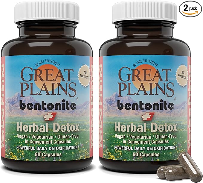 Yerba Prima Bentonite Clay Plus Herbal Detox 60 Veggie Capsules (Pack of 2) - Use Long Term or as Rapid Detox Premium Quality Ingredients Powerful Daily Detoxification Great Plains Bentonite