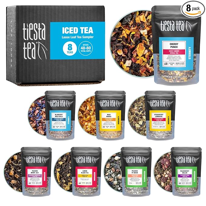 Tiesta Tea - Iced Tea Sampler Dry Flight Set Loose Leaf High to No Caffeine Makes Cold Brew Iced Drink Assorted Brew Sets with Herbal Black Fruit Blends &amp More 8 Resealable Sample Pouches