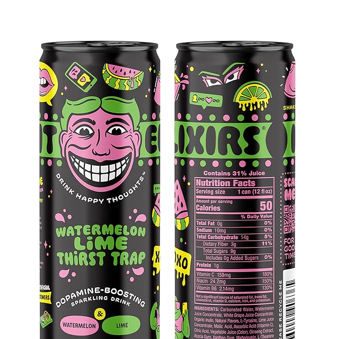 Illicit Elixirs - Sparkling Juice Mocktails with Real Fruit Juices and Functional Amino Acid Blend that Supports Dopamine Production - Non-Alcoholic &amp Caffeine Free (12 Pack Watermelon Thirst Tra