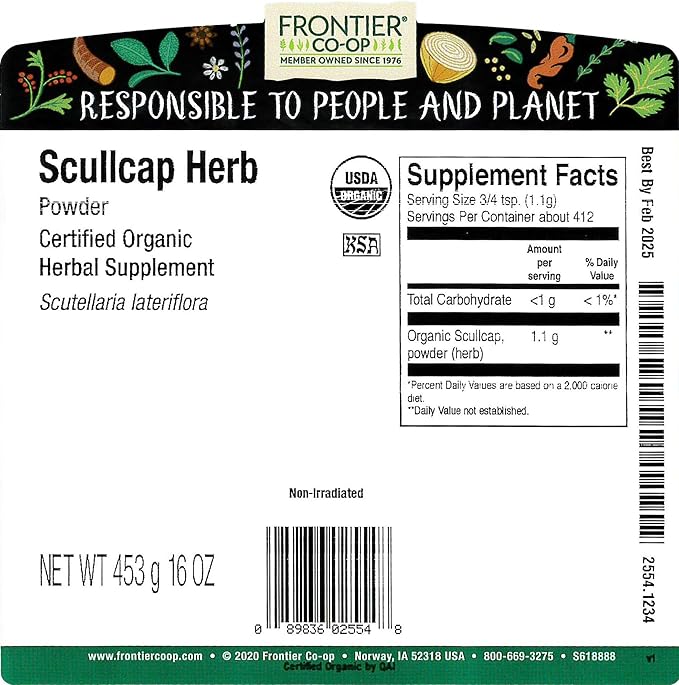 Frontier Co-op Scullcap Herb Powder Certified Organic Kosher | 1 lb. Bulk Bag | Scutellaria lateriflora L.