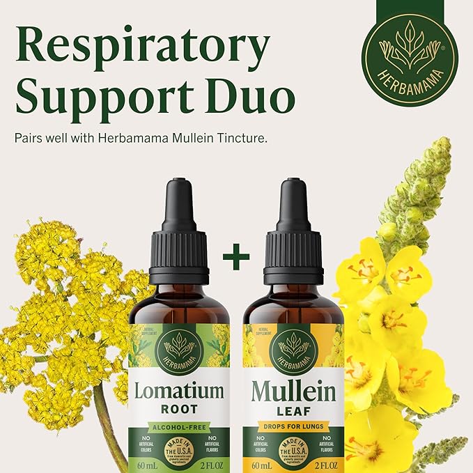 HERBAMAMA Lomatium Root Tincture - Vegan Lomatium Dissectum Extract for Lung Detox &amp Cleanse - Non-GMO Alcohol &amp Sugar-Free Respiratory Lung Support Supplement 28-Day Supply