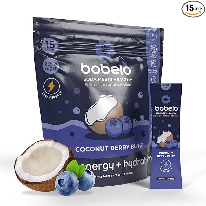 Bobelo Self Carbonating Clean Energy + Hydration Electrolytes Powder Drink Mix Coconut Berry Blitz 100mg Guarana Caffeine Sugar Free 15 Pack