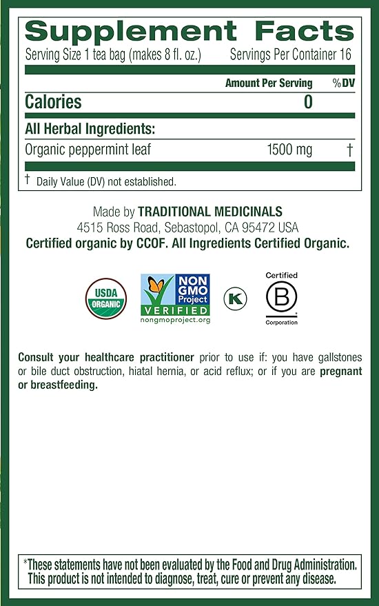 Traditional Medicinals Organic Peppermint Herbal Tea Alleviates Digestive Discomfort (Pack of 4) - 64 Tea Bags Total