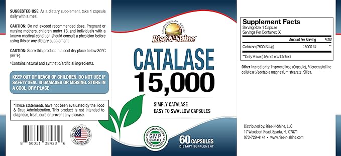 Rise-N-Shine Catalase Supplement 15000 -Powerful Antioxidant Enzyme for Hair Health Strong Hair Support and More - 60 Count (60-Day Supply)