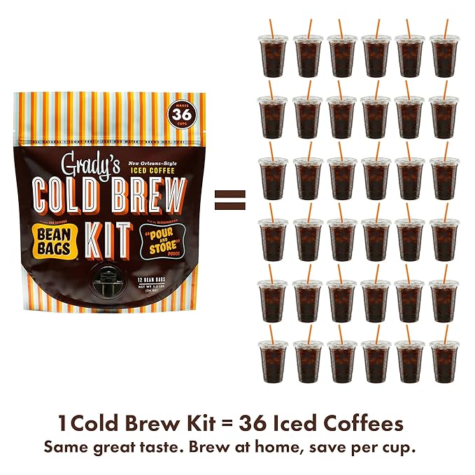GRADY’S COLD BREW New Orleans Style 100% Arabica Ground Coffee &amp Chicory Pouches All-in-One Cold Brew Kit with 12 Easy-to-Brew Beans Bags Makes 36 drinks
