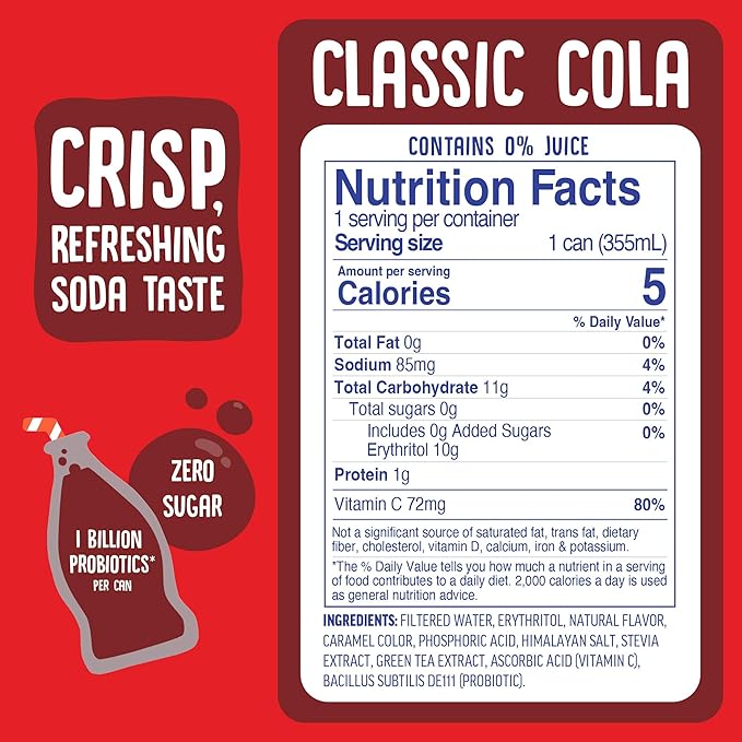Cove Probiotic Soda Zero Sugar Better-For-You Alternative - Refreshing Delicious Probiotic Drink No Synthetic Colors &amp Caffeine Free - Classic Cola 12 Pack
