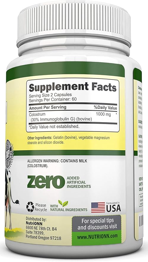 Colostrum - 1000mg - 120 Capsules - 30% IgG - Non-GMO US Dairy - First Milking Bovine Colostrum - Low Heat Processed - Great for GI Tract Health - Immune Support - Bone and Muscle Health