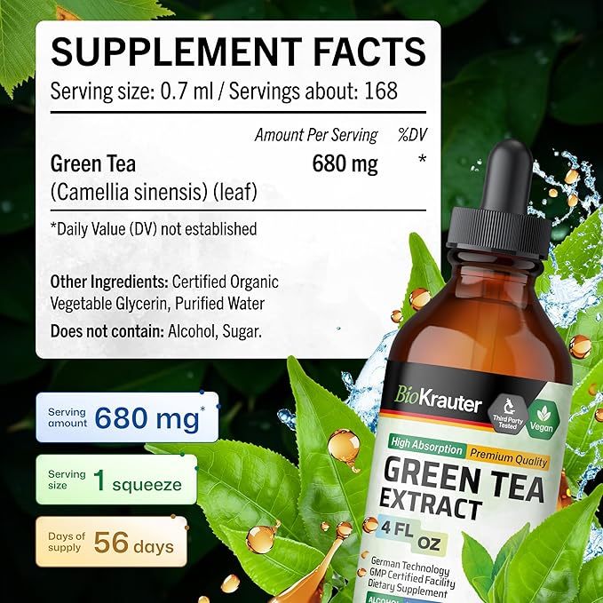 BIO KRAUTER® Green Tea Extract - Liquid Pure Vegan Green Tea Supplement 680 mg per Serving 4 Fl.Oz 56-Day Supply - Natural Antioxidant &amp Immune Support Used for Daily Wellness - Alcohol &amp Sug