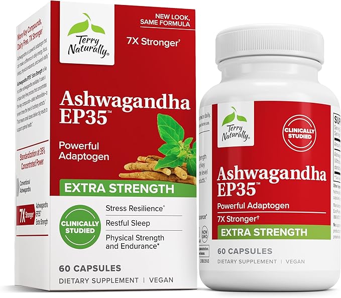 Terry Naturally Ashwagandha EP35 Extra Strength - Herbal Supplement for Sleep Support - Aid Healthy Stress Response - Endurance &amp Energy Support - 60 Capsules (60 Servings)