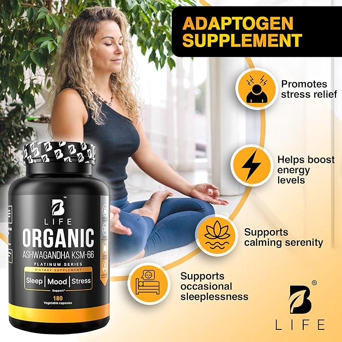 Organic Ashwagandha KSM-66 1000 mg Supplement | Adaptogen for Cortisol Support &amp Stress Relief | Mood Calm &amp Sleep Aid for Men &amp Women | Ashwagandha ritual vitamins for women | 180 Vegan