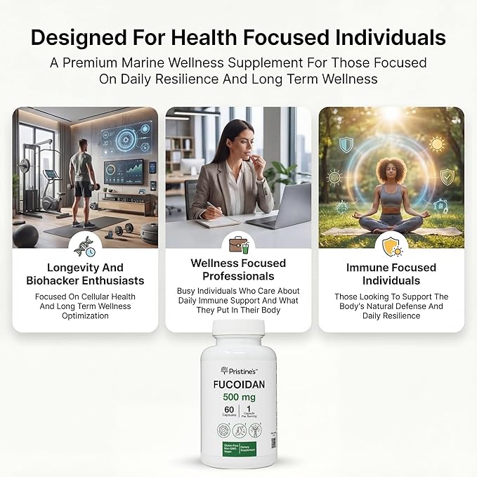 PRISTINE'S Fucoidan 500MG Immunity Supplement Capsules - 60 Day Supply - Brown Seaweed Extract - Potent Herbal Antioxidant Lung Health &amp Skin Health Support