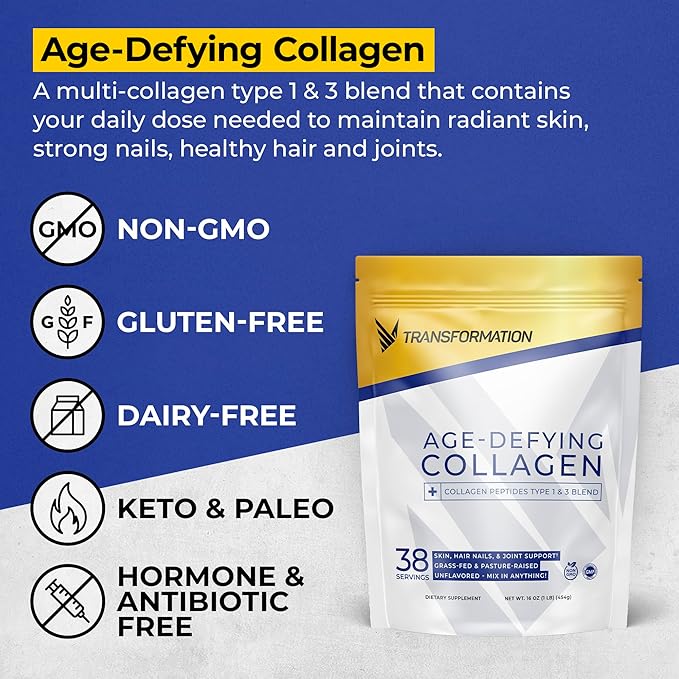 Transformation Grass-Fed Hydrolyzed Collagen Peptides Powder | Multi Types 1 &amp 3 | Keto Friendly | Hair Skin Nails + Organic Super Greens Superfood Powder - Immune &amp Energy Support