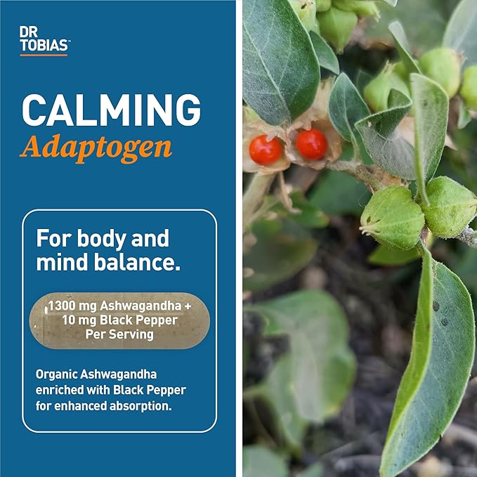 Dr. Tobias Ashwagandha Capsules - 1300mg Organic Ashwagandha Root Extract Per Serving with Black Pepper | Calming Adaptogen Energy &amp Focus Supplement (60 Vegetarian Capsules)