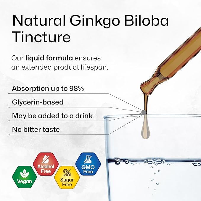 BIO KRAUTER® Ginkgo Biloba for Brain Support - Pure Vegan Ginkgo Biloba Supplement 670 mg - Supports Calm Focus &amp Memory - Alcohol &amp Sugar Free 4 Fl.Oz 56-Day Supply Liquid Drops for Brain