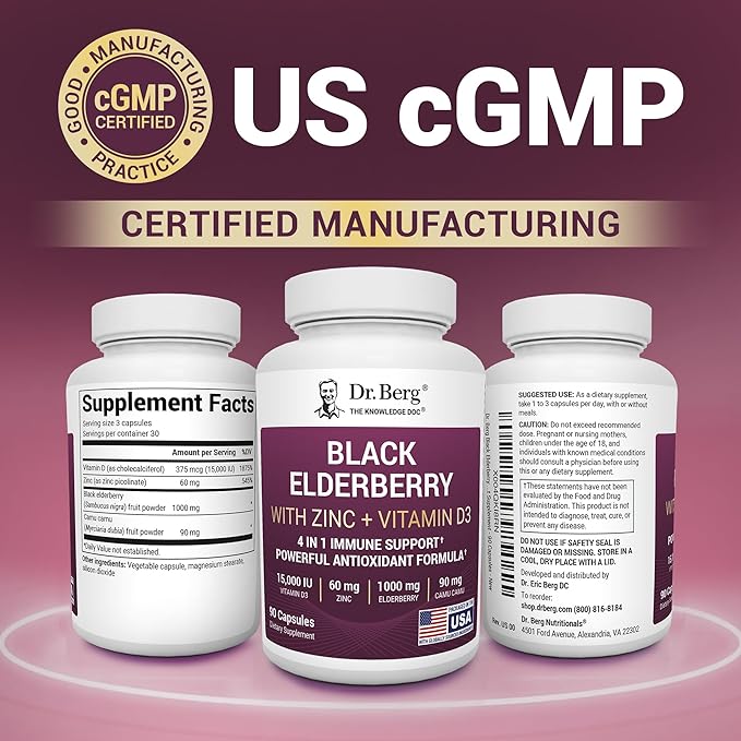 Dr. Berg Black Elderberry Capsules (Advanced Immune Support*) with 15000 IU Vitamin D 60 mg of Zinc &amp 90 mg of Camu Camu - (4-in-1) Sambucus Elderberry Immune Support Supplement - 90 Capsules