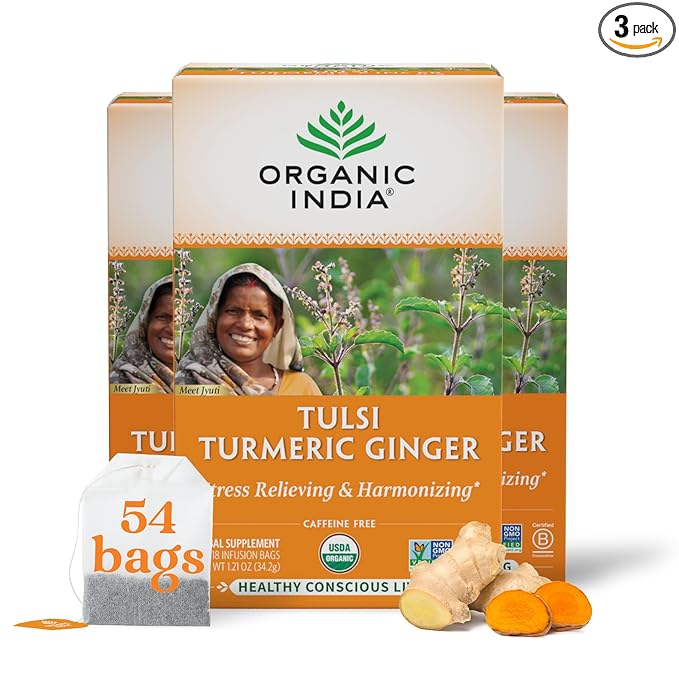 ORGANIC INDIA Tulsi Tumeric Ginger Herbal Tea - Stress Relieving &amp Harmonizing Immune Support Aids Digestion Vegan Caffeine-Free - 54 Infusion Bags 3 Pack