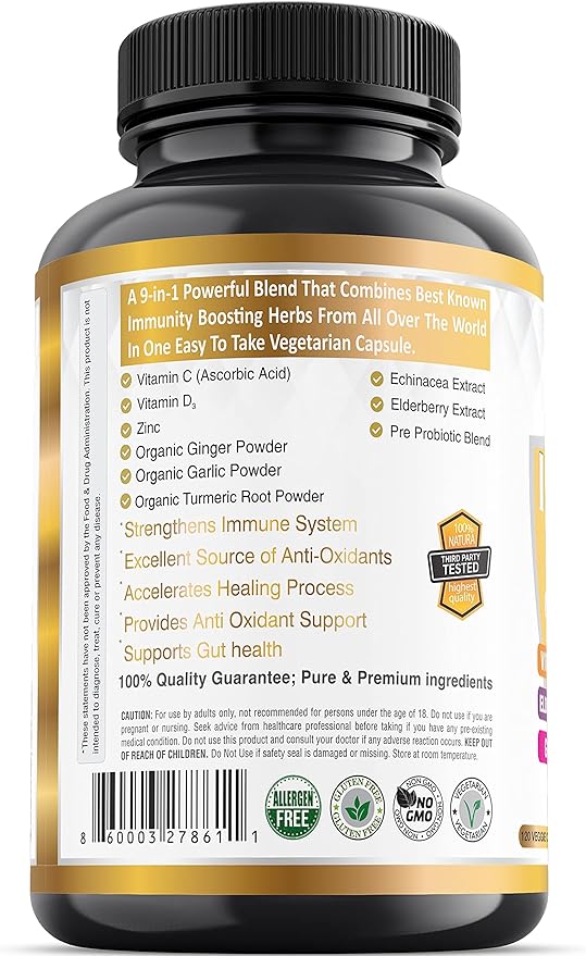 9-in-1 Immune Support Vitamin C (1000mg) Vitamin D3 (5000 IU) Zinc(22mg) with Elderberry Turmeric Echinacea Ginger Garlic and Pre+Pro-Biotic per Serving (120 caps per Bottle - 2 Month Supply)