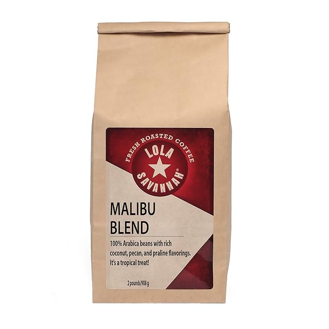 Lola Savannah Malibu Blend Ground Coffee - Arabica Beans Uniquely Rich Flavors of Real Coconut Pecan &amp Praline | Caffeinated | 2lb Bag