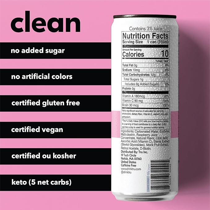 Tru Glow Seltzer Sparkling Water with Biotin Vitamin C Vitamin A &amp Real Raspberry Juice Sweetened with Monk Fruit &amp Stevia Gluten Free Vegan Caffeine &amp Sugar Free 12 FL OZ Cans 12