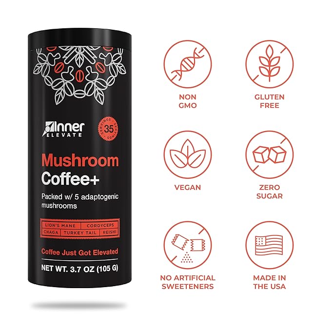 Inner Elevate Mushroom Coffee Superfood with 5 Adaptogenic Mushrooms - Upgraded Coffee Alternative with Half Caffeine - Arabica with Lion's Mane Cordyceps Chaga Reishi Turkey Tail and L-Theanine