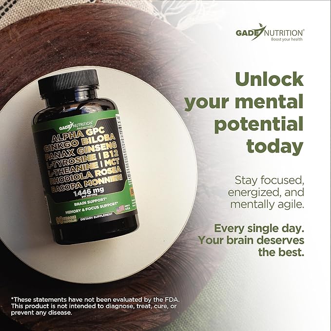 Gade Nutrition Alpha GPC + Ginkgo Biloba + Panax Ginseng + L- Tyrosine L-Theanine Bocopa Monnieri Rhodiola Rosea B12 MCT