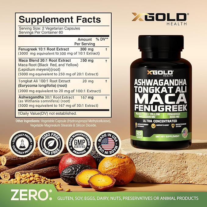 Ashwagandha 5000mg + Tongkat Ali 1000mg + Maca Root 5000mg + Fenugreek 3000mg Supplement | Black + Red + Yellow Maca Root Extract &amp Fenugreek Herbal Supplements for Men &amp Women - Made in USA