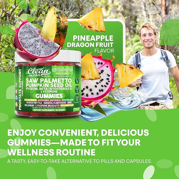 AndroFlow Saw Palmetto and Pumpkin Seed Oil Prostate Health Supplements for Men Pygeum Beta Sitosterol Lycopene Boron Zinc Selenium DIM Stinging Nettle Vitamin D 60 Gummy Supplements by Clean Nutra