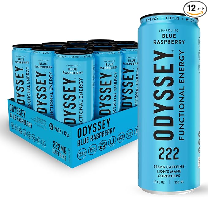 Odyssey Functional Energy Drink for Focus Cognition &amp Mood Support 12 Pack - Adaptogenic Drink with 222mg Green Tea Caffeine Lion’s Mane Cordyceps L-Theanine &amp Ginseng - Sparkling Blue Ras