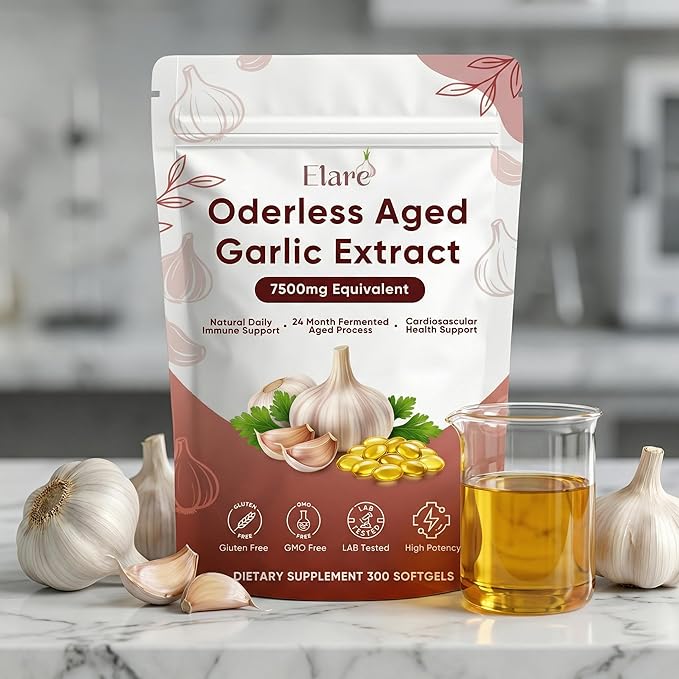 ELARE Aged Garlic Extract - 7500mg Odorless Softgels 300 Organic Garlic Softgels 2-Year Matured Antioxidant Formula Vegetarian Non-GMO All-Natural (1)