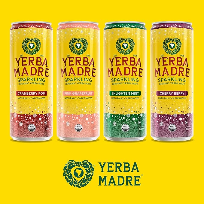 Yerba Madre Organic Sparkling Yerba Mate Pink Grapefruit 115mg Natural Plant Based Caffeine Smooth Energy &amp Focus Carbonated 12oz Cans (Pack of 12) (Packaging May Vary)