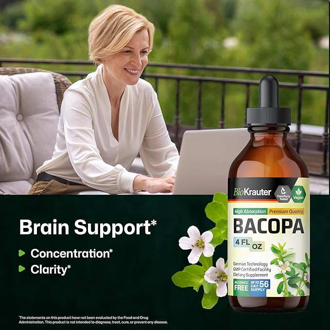 BIO KRAUTER® Bacopa Monnieri - Liquid Drops Bacopa Extract (Brahmi Powder) 650 mg per Serving 4 Fl.Oz 56-Day Supply - Pure Vegan Brain Supplement Supports Calm Focus &amp Memory - Alcohol &amp Sug