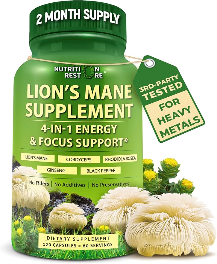 Organic Lion's Mane Supplement Capsules - Contains Naturally Occurring Beta Glucans &amp Polysaccharides Enhanced with Organic Energy &amp Focus Support Blend: Cordyceps Rhodiola Rosea Ginseng 1