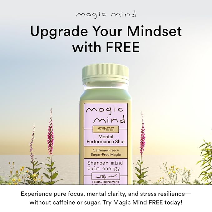 Magic Mind FREE Energy and Focus Drink Shots - Stress Relieving No Jitters Ashwagandha Vitamin B12 Vitamin C Matcha Green Tea Functional Mushrooms Caffeine Free - 2 FL Oz (15 Pack)