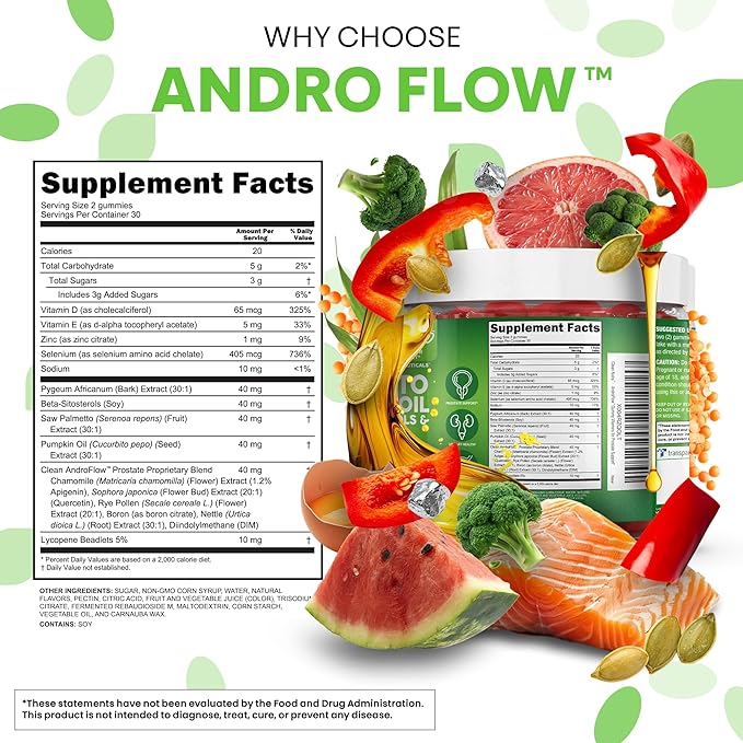 AndroFlow Saw Palmetto and Pumpkin Seed Oil Prostate Health Supplements for Men Pygeum Beta Sitosterol Lycopene Boron Zinc Selenium DIM Stinging Nettle Vitamin D 60 Gummy Supplements by Clean Nutra