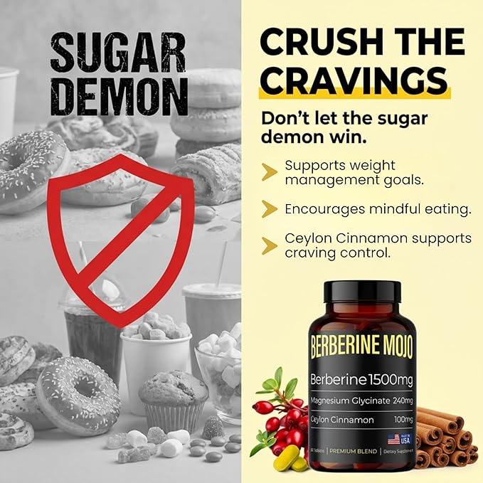 Berberine 1500mg Supplement with GLP-1 &amp Glucose Support - Berberine HCL Magnesium Glycinate Ceylon Cinnamon - Sugar Control &amp Weight Management Herbal Supplements - Made in USA 60 Tablets
