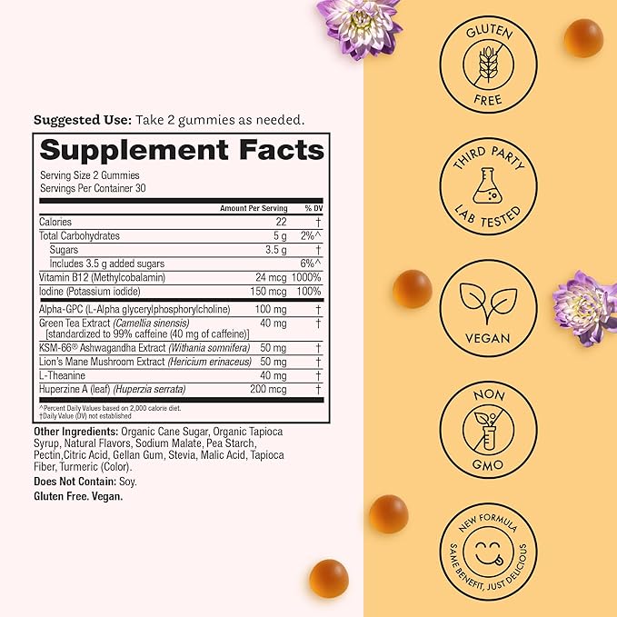 Winged Wellness Rise Up Energy &amp Focus Gummies for Women - Daily Brain Boost Gummy Supplement with Natural Caffeine Ashwagandha B12 Nootropics Alpha-GPC &amp Lion’s Mane - Pineapple 180 Gumm