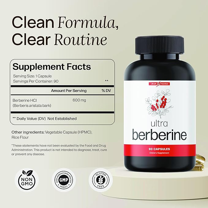 Ultra Berberine Supplement Capsules 600mg (1200mg to 1800mg Daily) – Pure Berberine HCL Supplement to Support Metabolism &amp Daily Vitality – Vegan Gluten-Free Diet Supplements (90 Capsules)