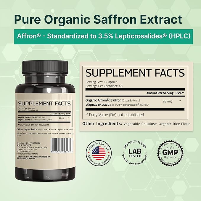 VINATURA Organic Saffron Supplement 28mg - Pure Affron Saffron Extract Capsules 45 Veggie Capsules